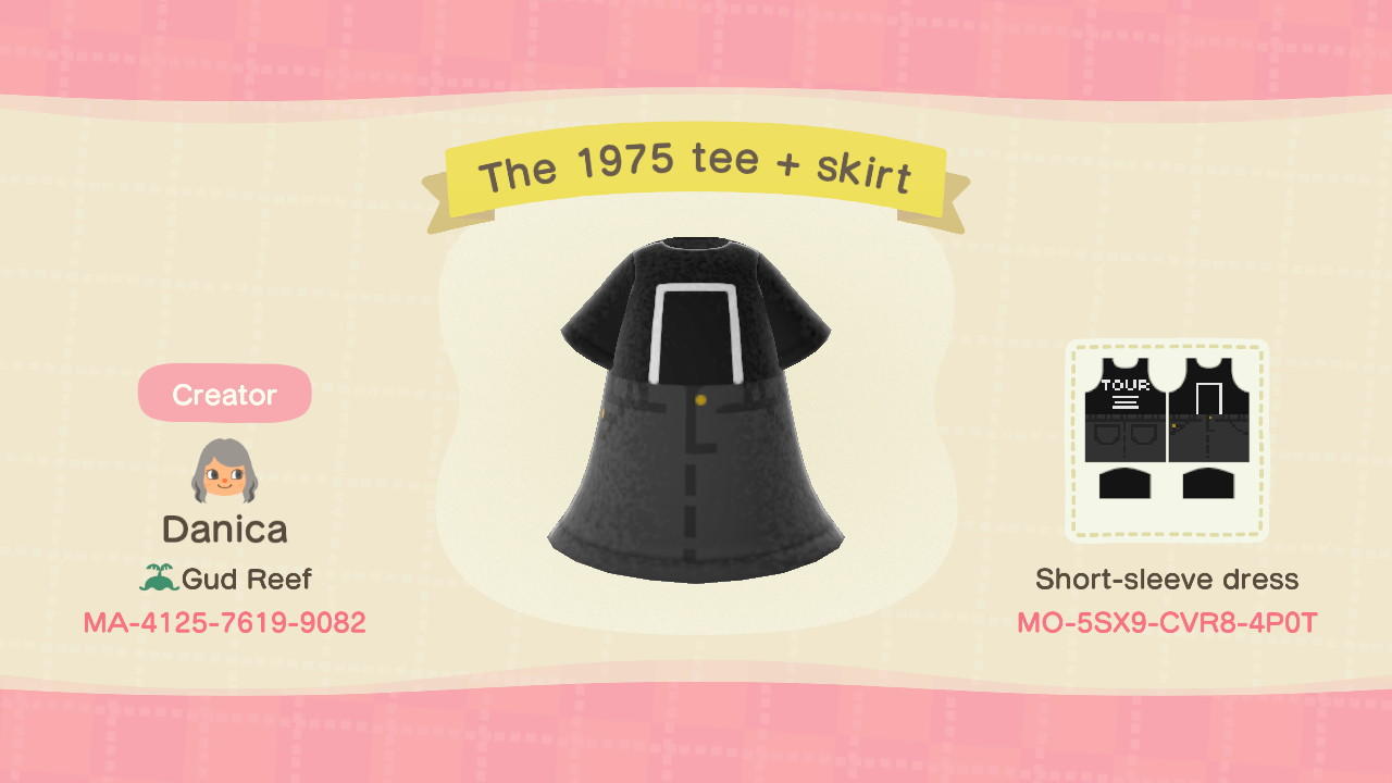 Animal Crossing Design Code: MO-5SX9-CVR8-4P0T The 1975 tee + skirt