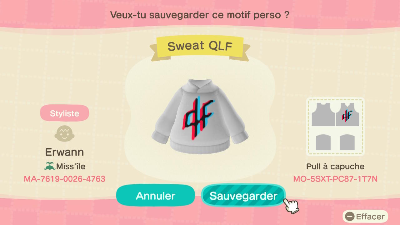 Animal Crossing Design Code: MO-5SXT-PC87-1T7N Sweat QLF