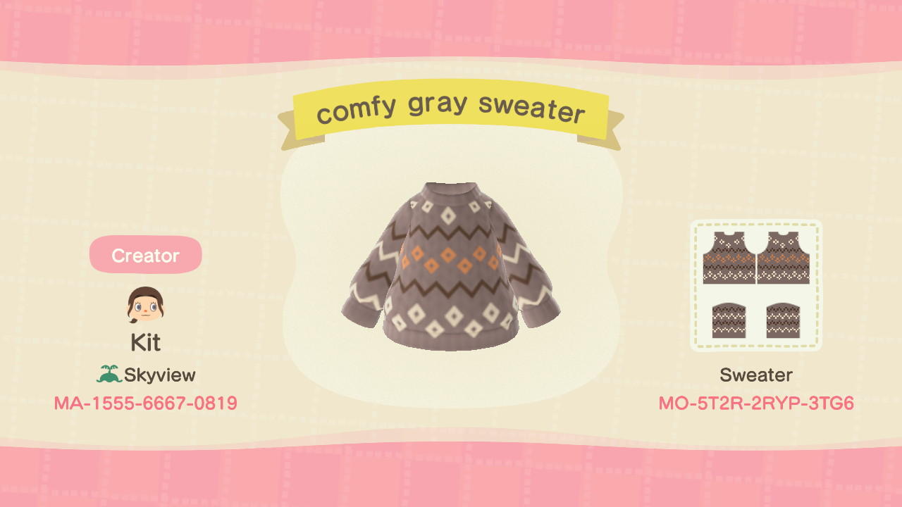 Animal Crossing Design Code: MO-5T2R-2RYP-3TG6 comfy gray sweater