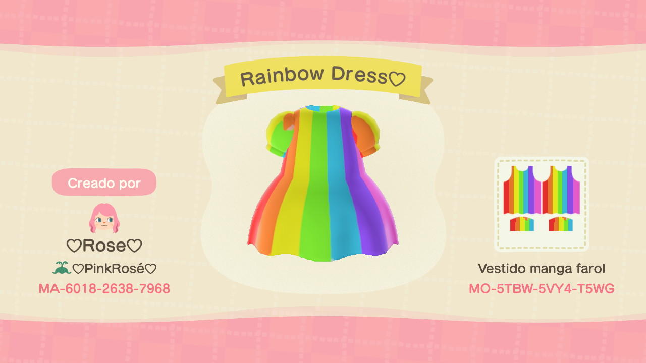 Animal Crossing Design Code: MO-5TBW-5VY4-T5WG Rainbow Dress
