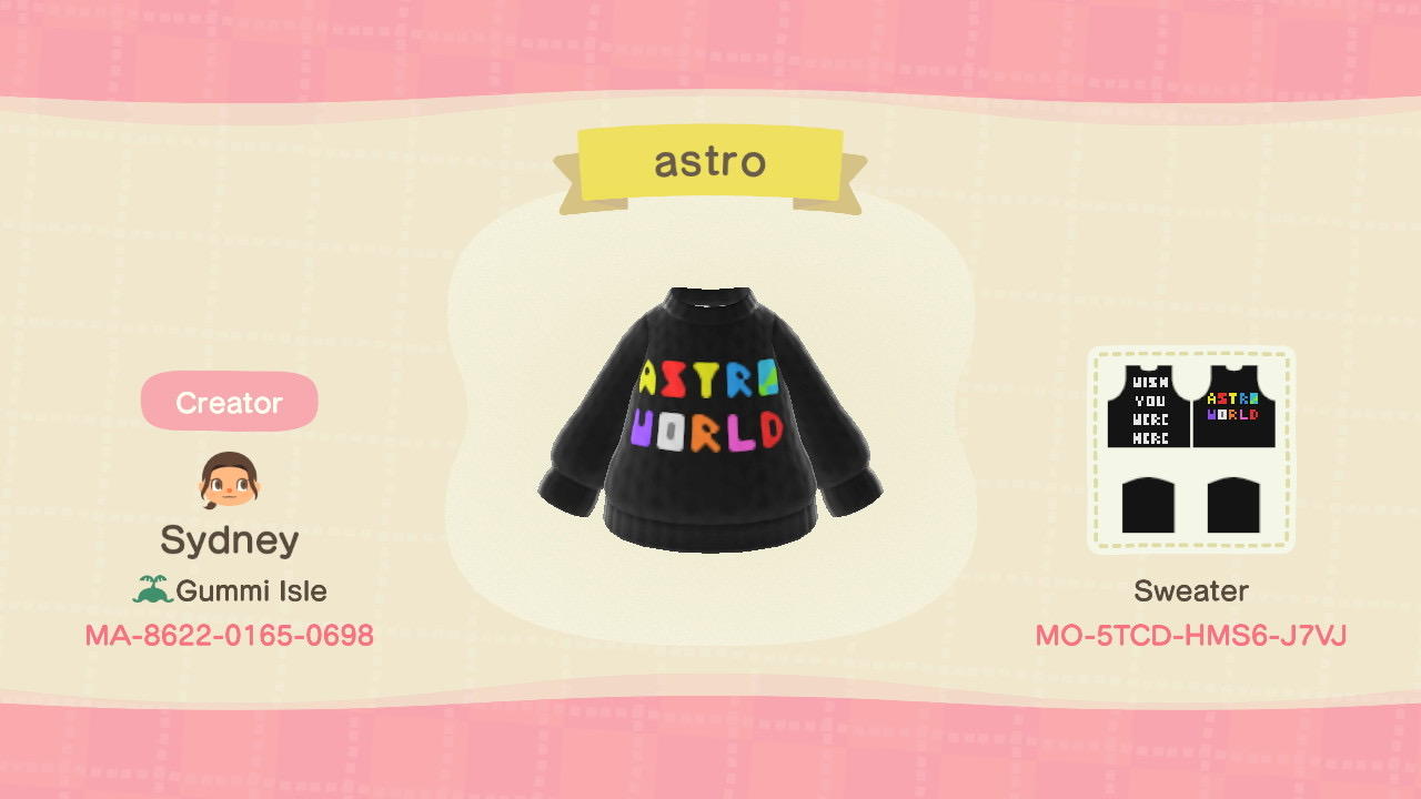 Animal Crossing Design Code: MO-5TCD-HMS6-J7VJ Astroworld Hoodie