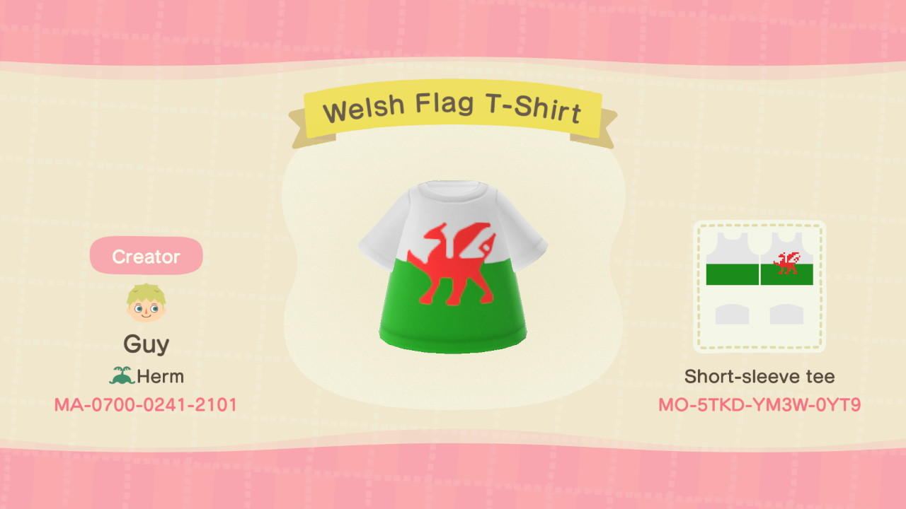 Animal Crossing Design Code: MO-5TKD-YM3W-0YT9 Welsh Flag T-Shirt