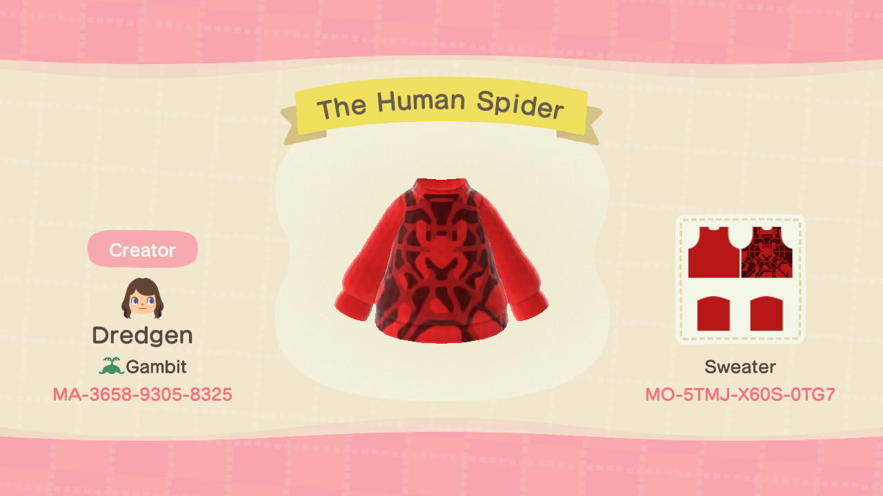 Animal Crossing Design Code: MO-5TMJ-X60S-0TG7 The Human Spider