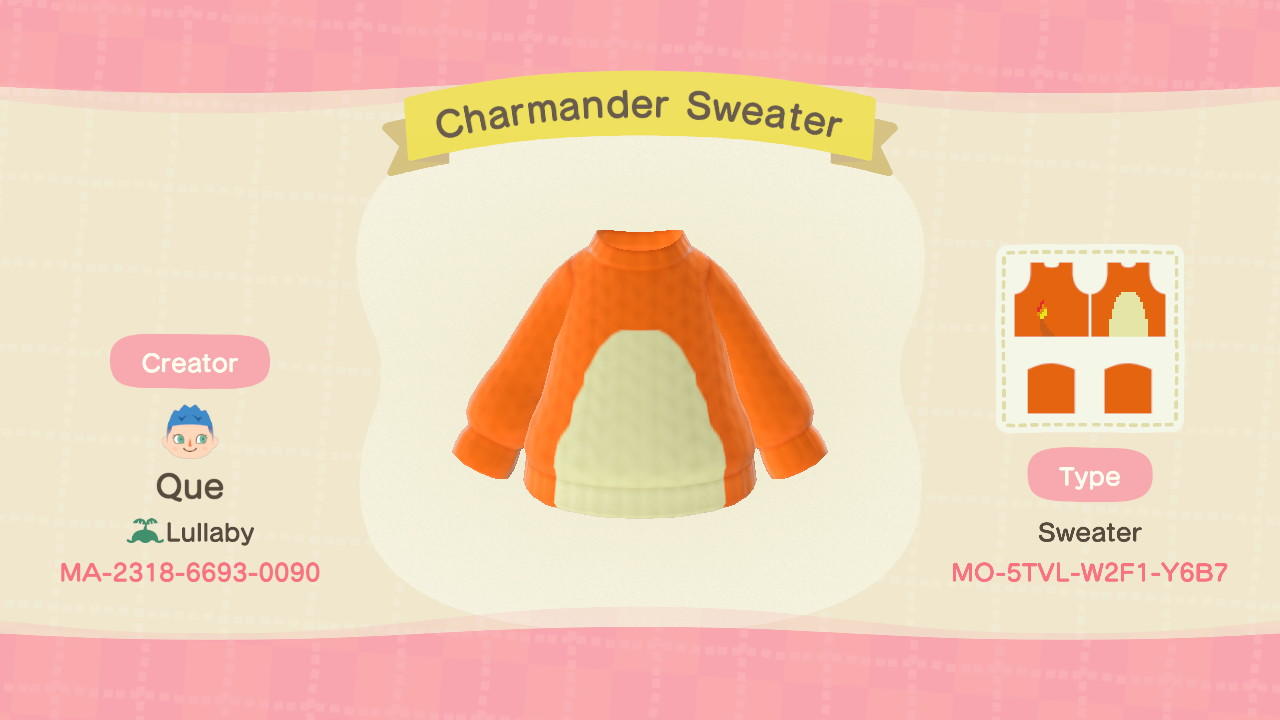 Animal Crossing Design Code: MO-5TVL-W2F1-Y6B7 Charmander Sweater