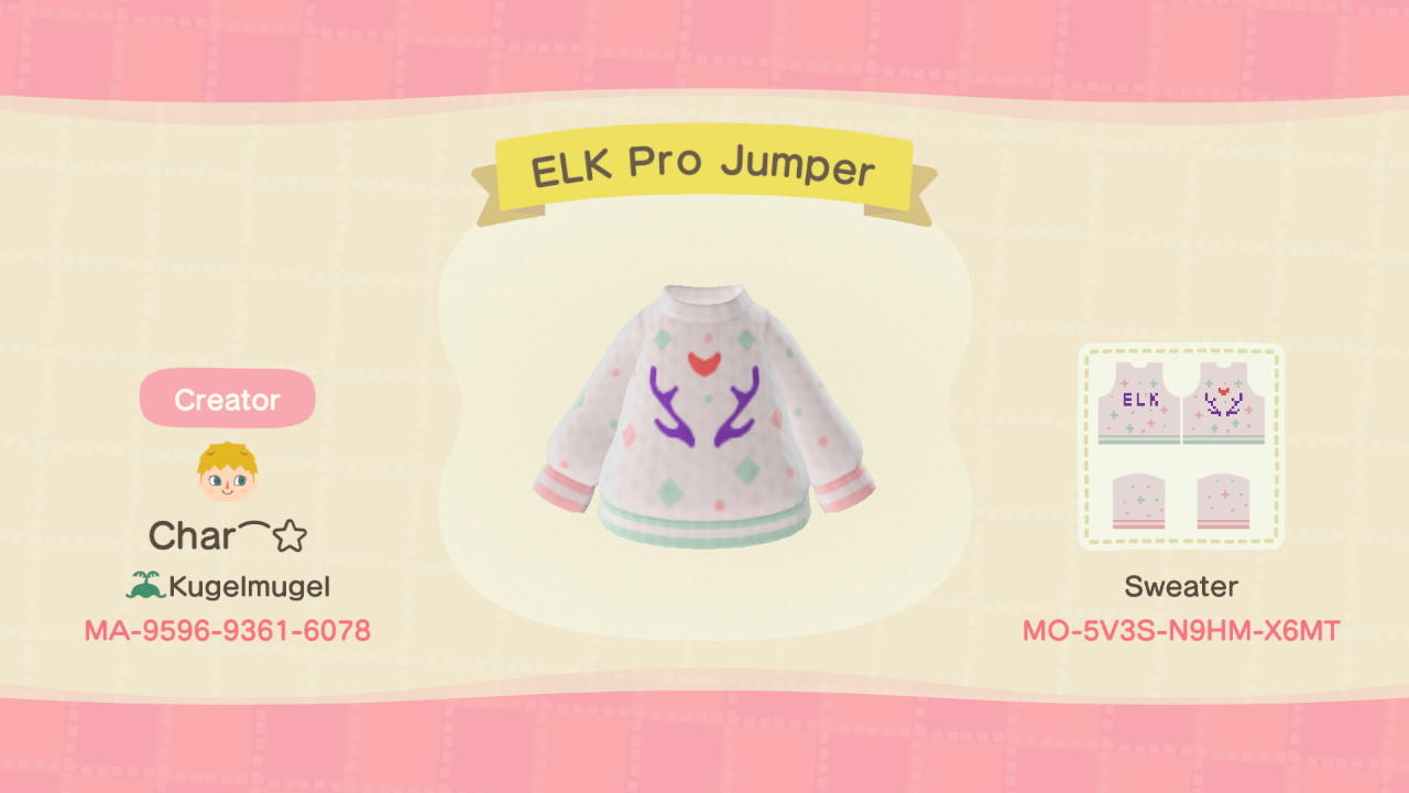 Animal Crossing Design Code: MO-5V3S-N9HM-X6MT ELK Pro Jumper