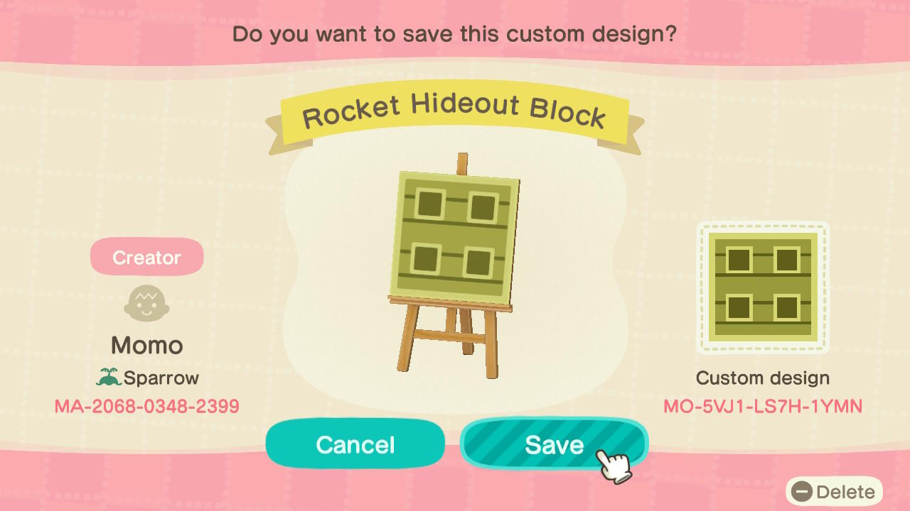 Animal Crossing Design Code: MO-5VJ1-LS7H-1YMN Rocket Hideout Block