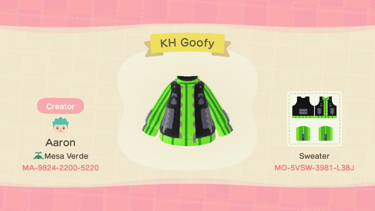 Animal Crossing Design Code: MO-5VSW-3981-L38J Kingdom Hearts Goofy