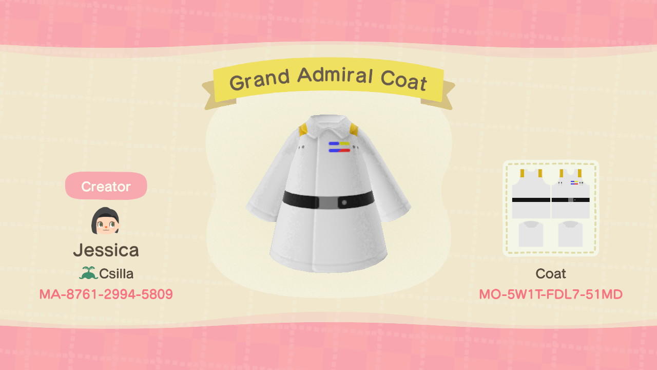 Animal Crossing Design Code: MO-5W1T-FDL7-51MD Grand Admiral Coat