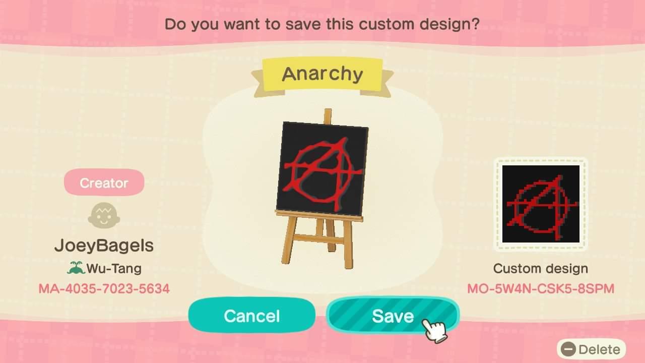 Animal Crossing Design Code: MO-5W4N-CSK5-8SPM Anarchy