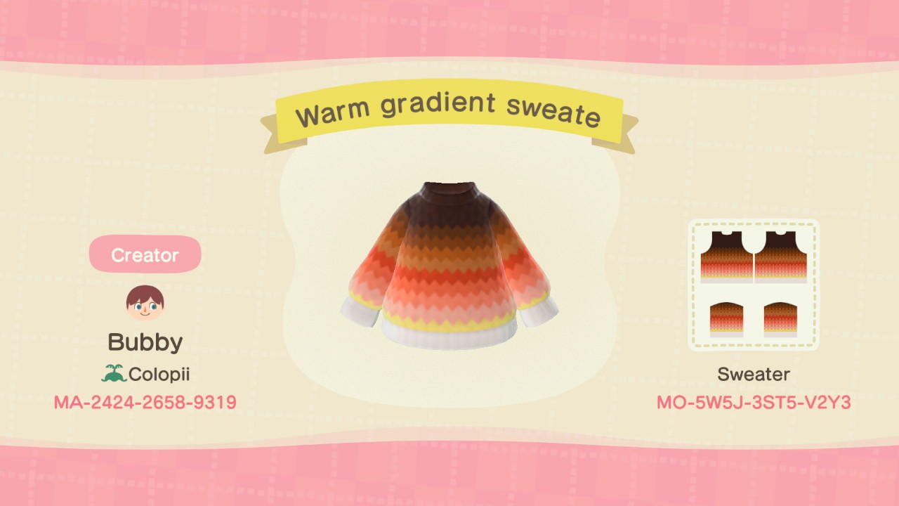 Animal Crossing Design Code: MO-5W5J-3ST5-V2Y3 Warm-gradient sweate