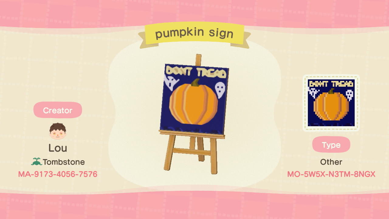 Animal Crossing Design Code: MO-5W5X-N3TM-8NGX pumpkin sign