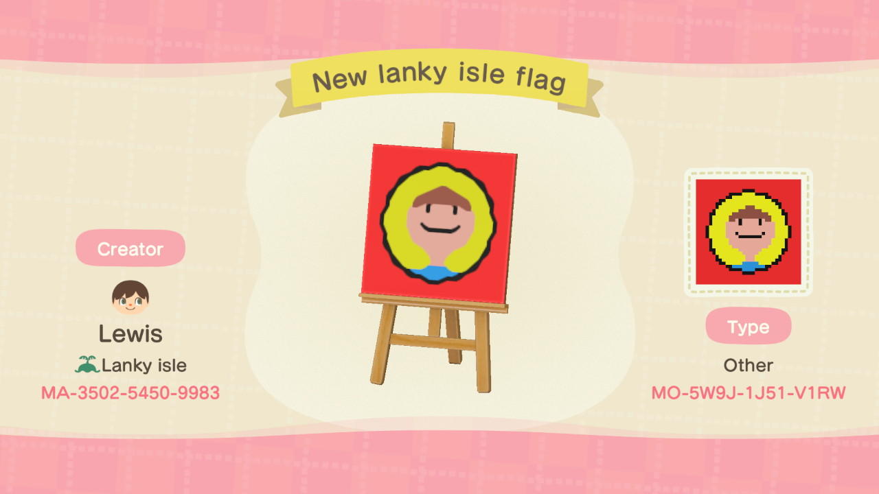 Animal Crossing Design Code: MO-5W9J-1J51-V1RW New lanky isle flag