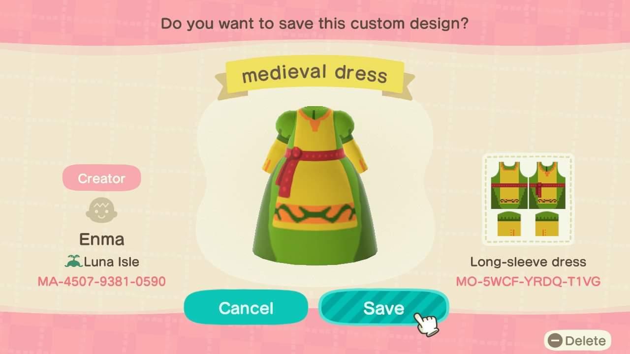 Animal Crossing Design Code: MO-5WCF-YRDQ-T1VG Medieval dress