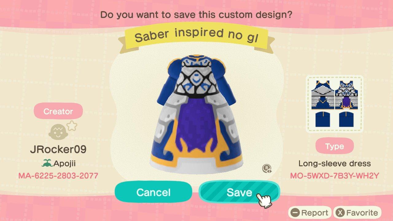 Animal Crossing Design Code: MO-5WXD-7B3Y-WH2Y Saber No Gloves