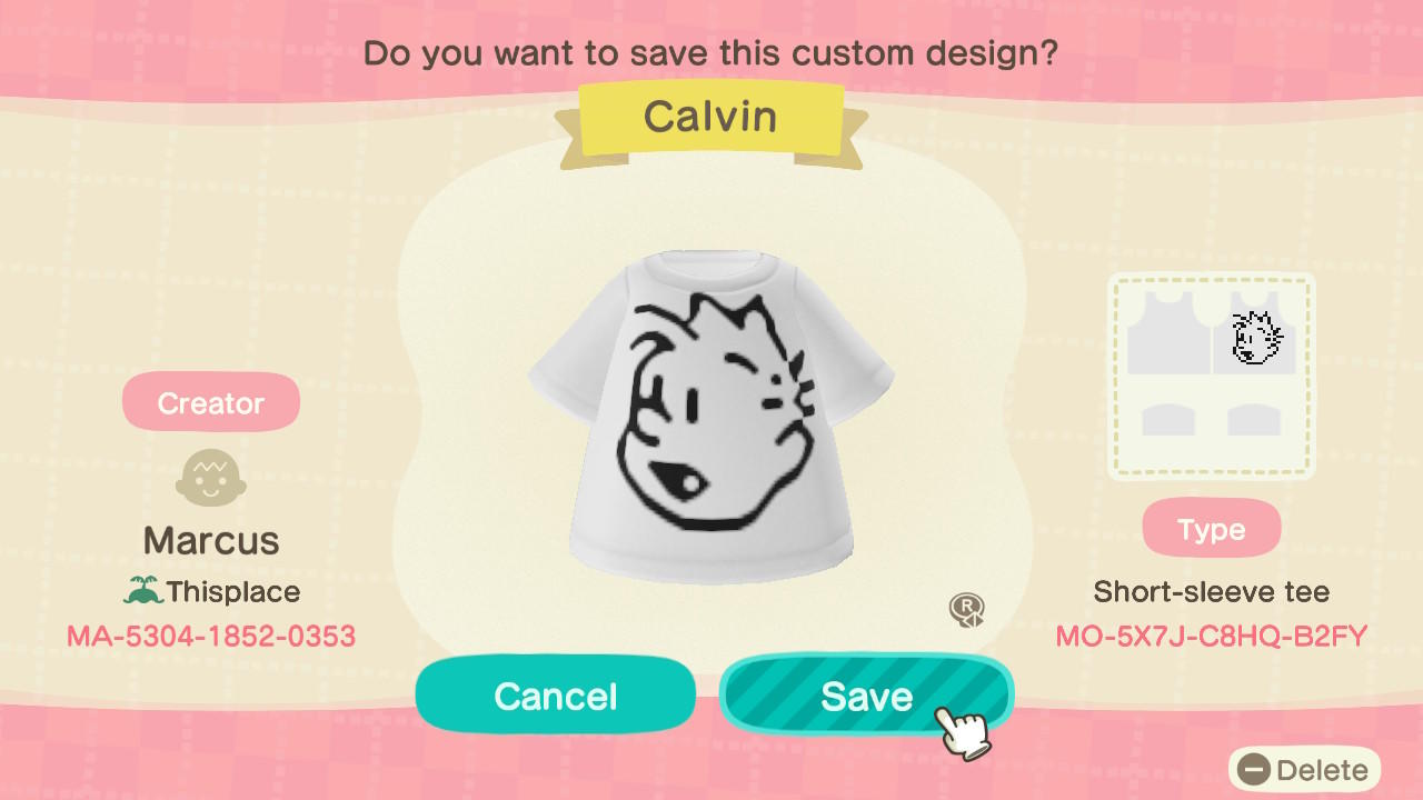 Animal Crossing Design Code: MO-5X7J-C8HQ-B2FY Calvin