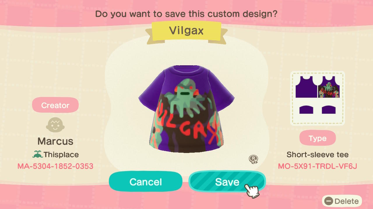 Animal Crossing Design Code: MO-5X91-TRDL-VF6J VILGAX (2016 Reboot)
