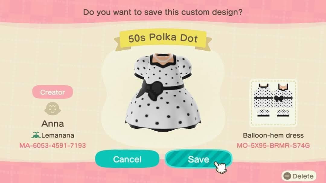Animal Crossing Design Code: MO-5X95-BRMR-574G 50s Polka Dot
