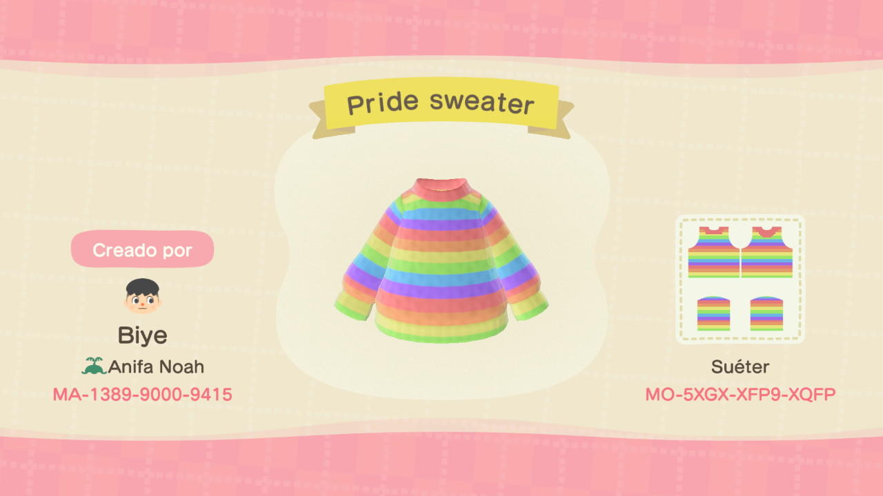 Animal Crossing Design Code: MO-5XGX-XFP9-XQFP Pride sweater