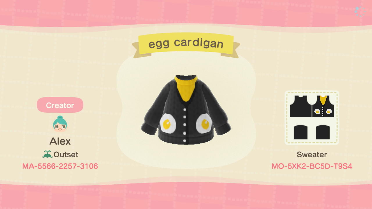 Animal Crossing Design Code: MO-5XK2-BC5D-T9S4 egg cardigan