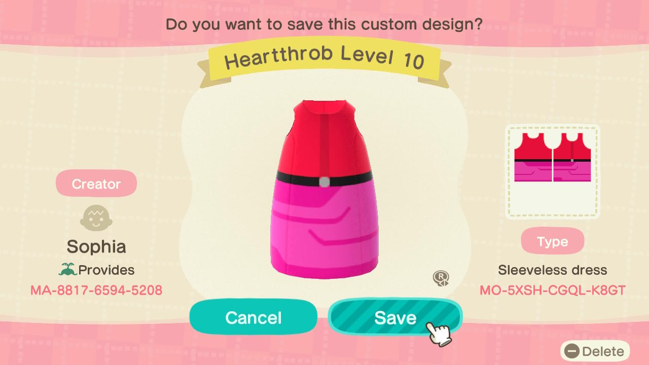 Animal Crossing Design Code: MO-5XSH-CGQL-K8GT Heartthrob Level 10