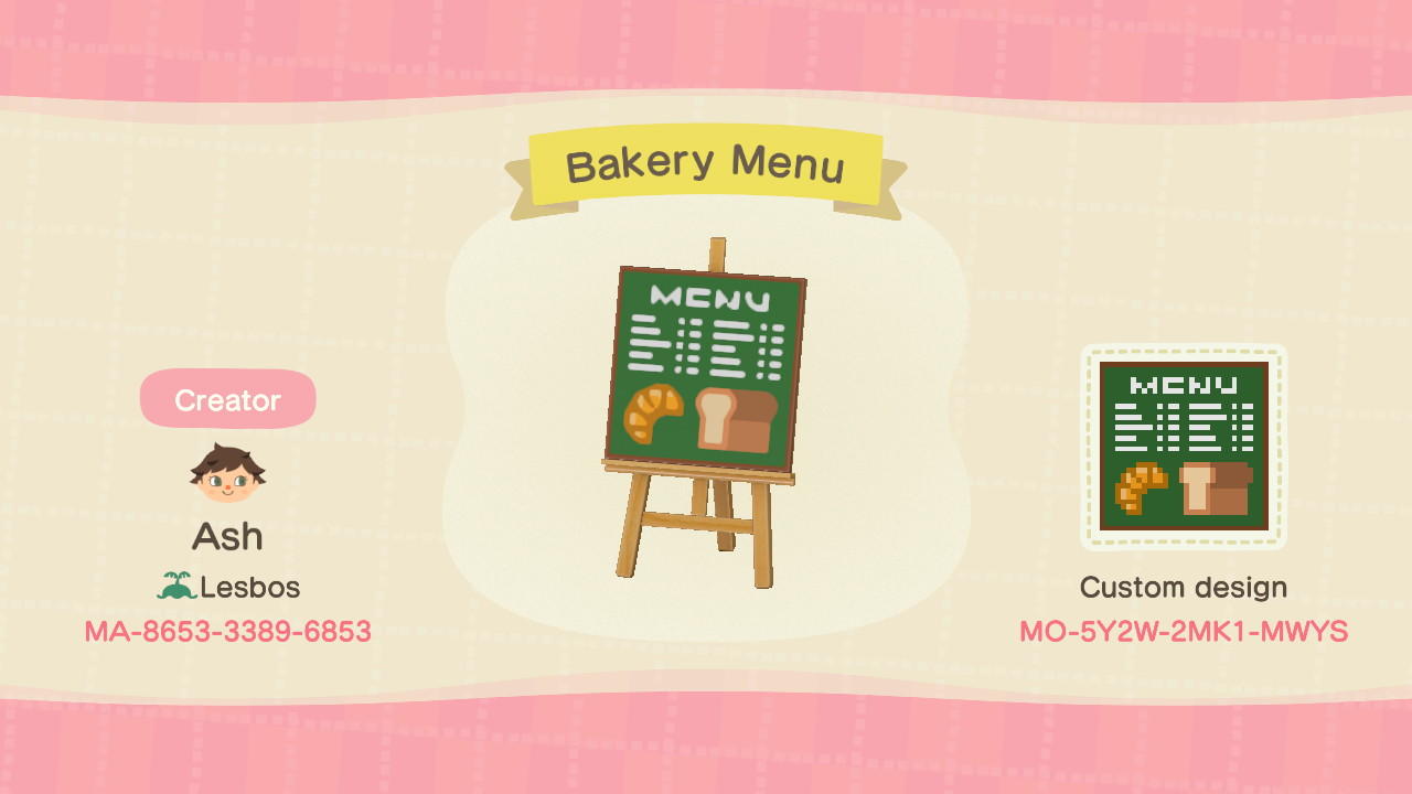 Animal Crossing Design Code: MO-5Y2W-2MK1-MWYX Bakery Menu