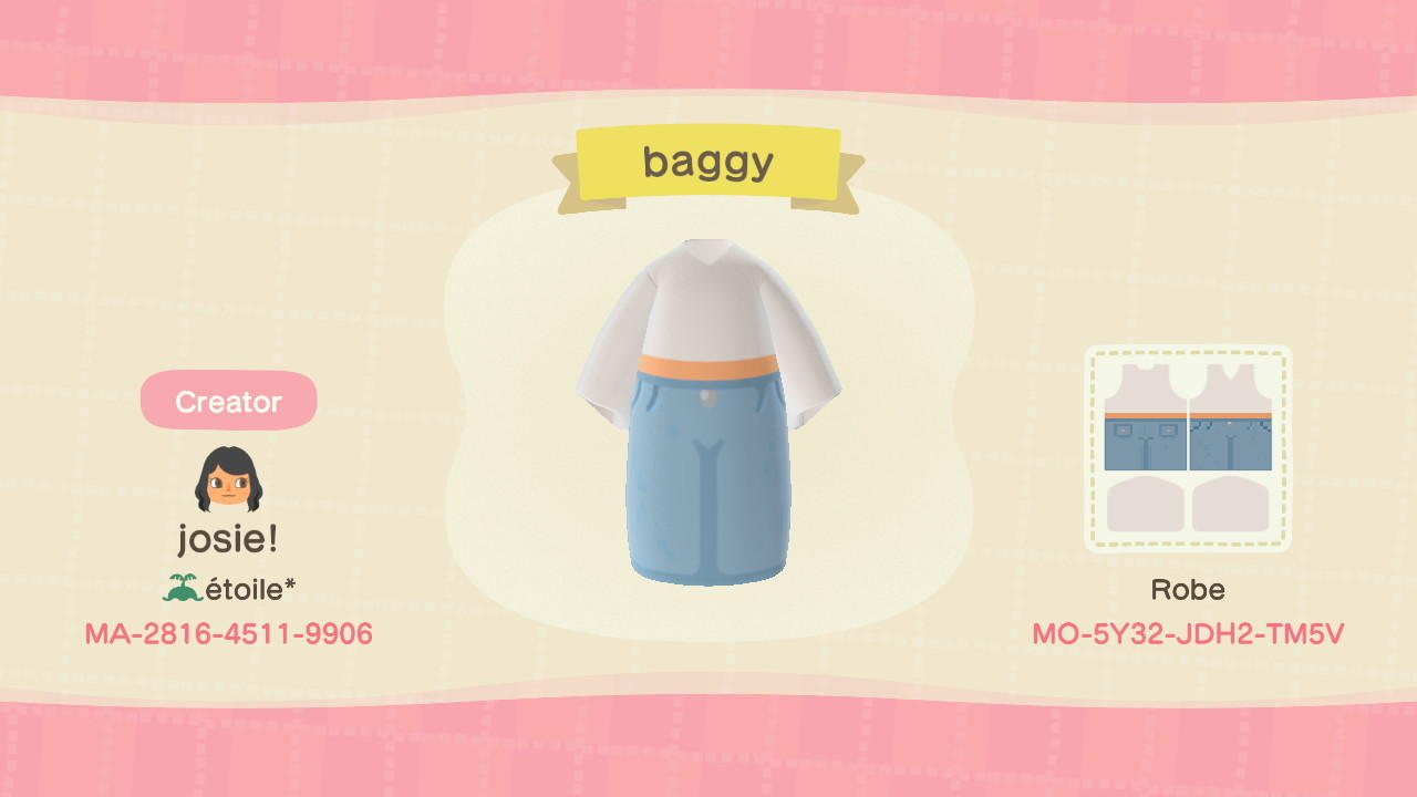 Animal Crossing Design Code: MO-5Y32-JDH2-TM5V top + baggy jeans
