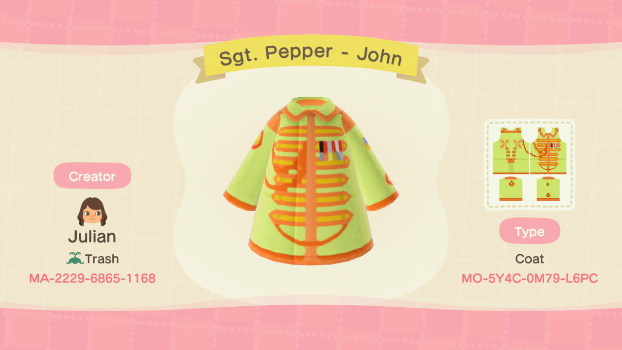 Animal Crossing Design Code: MO-5Y4C-0M79-L6PC Sgt. Pepper - John