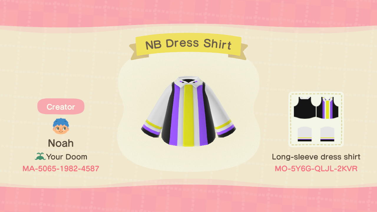 Animal Crossing Design Code: MO-5Y6G-QLJL-2KVR Enby Dress Shirt