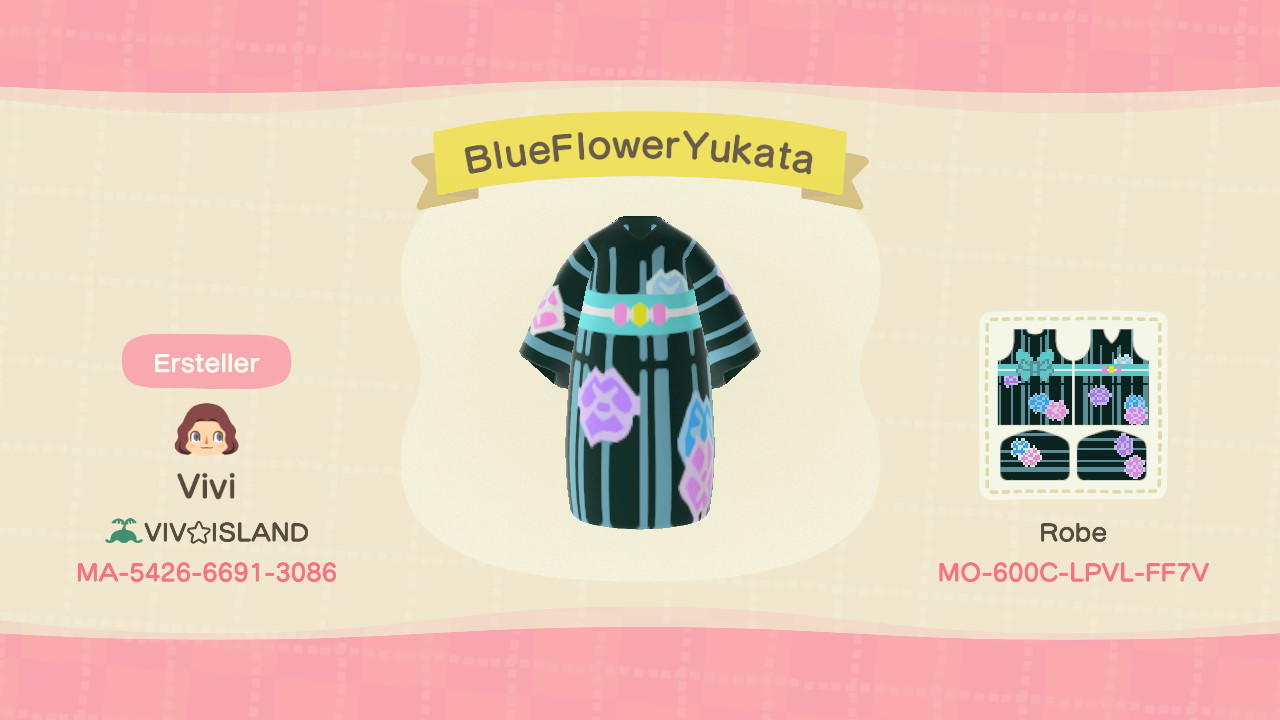 Animal Crossing Design Code: MO-600C-LPVL-FF7V Blue Flower Yukata