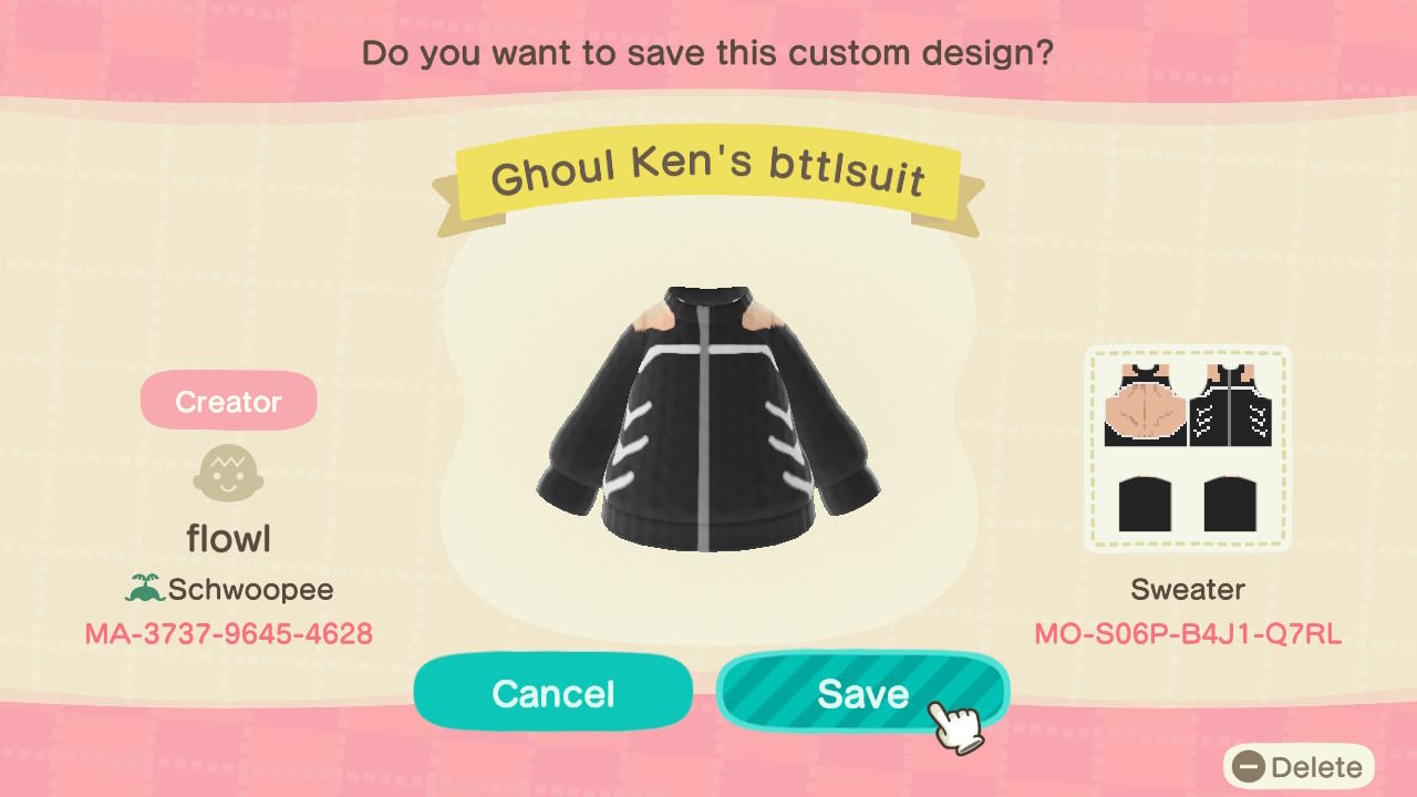 Animal Crossing Design Code: MO-606P-B4J1-Q7RL ghoul ken bttlsuit