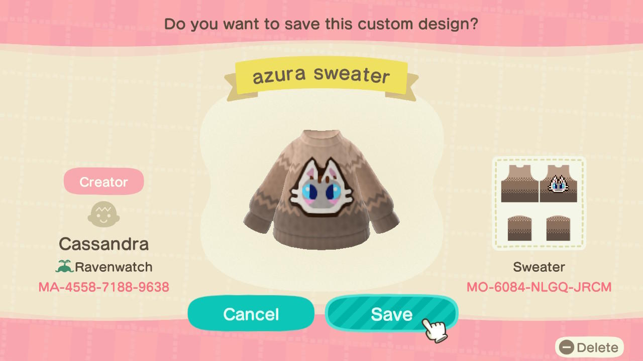 Animal Crossing Design Code: MO-6084-NLGQ-JRCM cat sweater