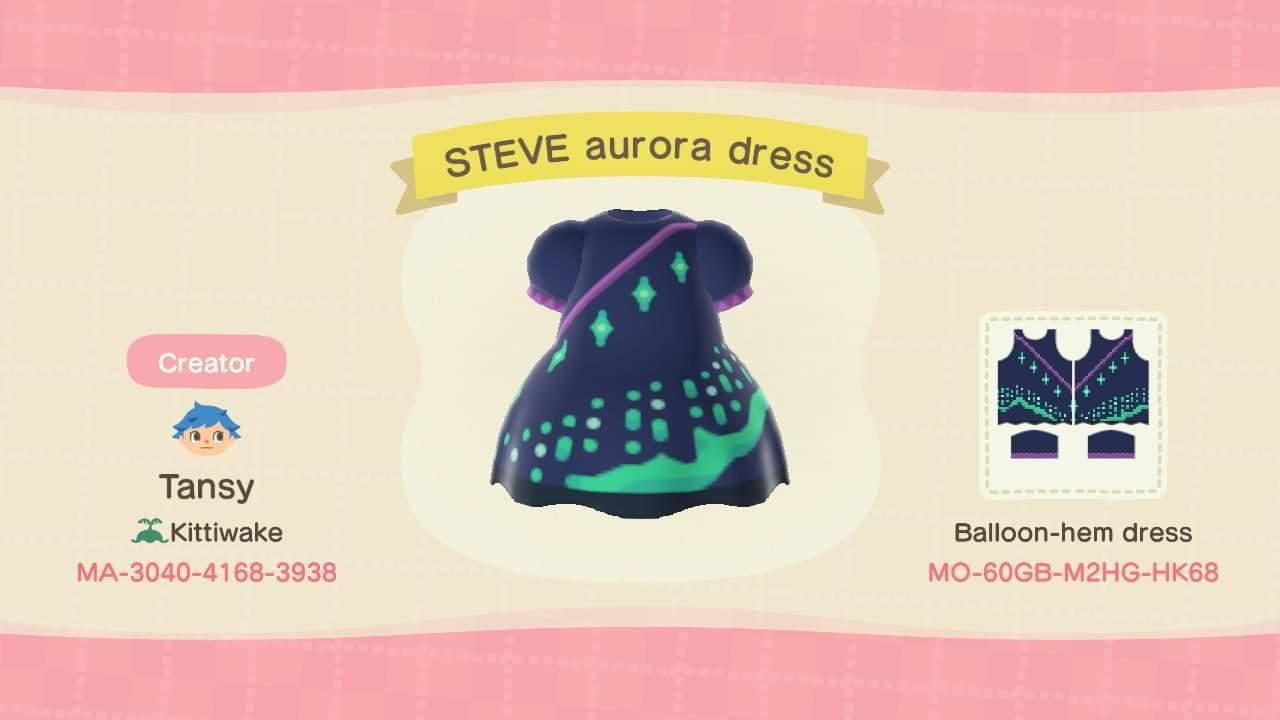 Animal Crossing Design Code: MO-60GB-M2HG-HK68 Aurora dress STEVE