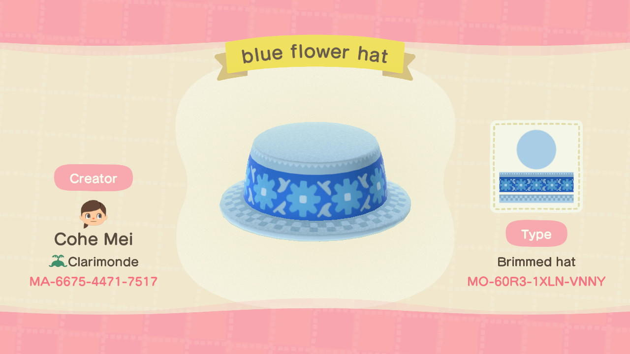 Animal Crossing Design Code: MO-60R3-1XLN-VNNY Blue Flower Hat