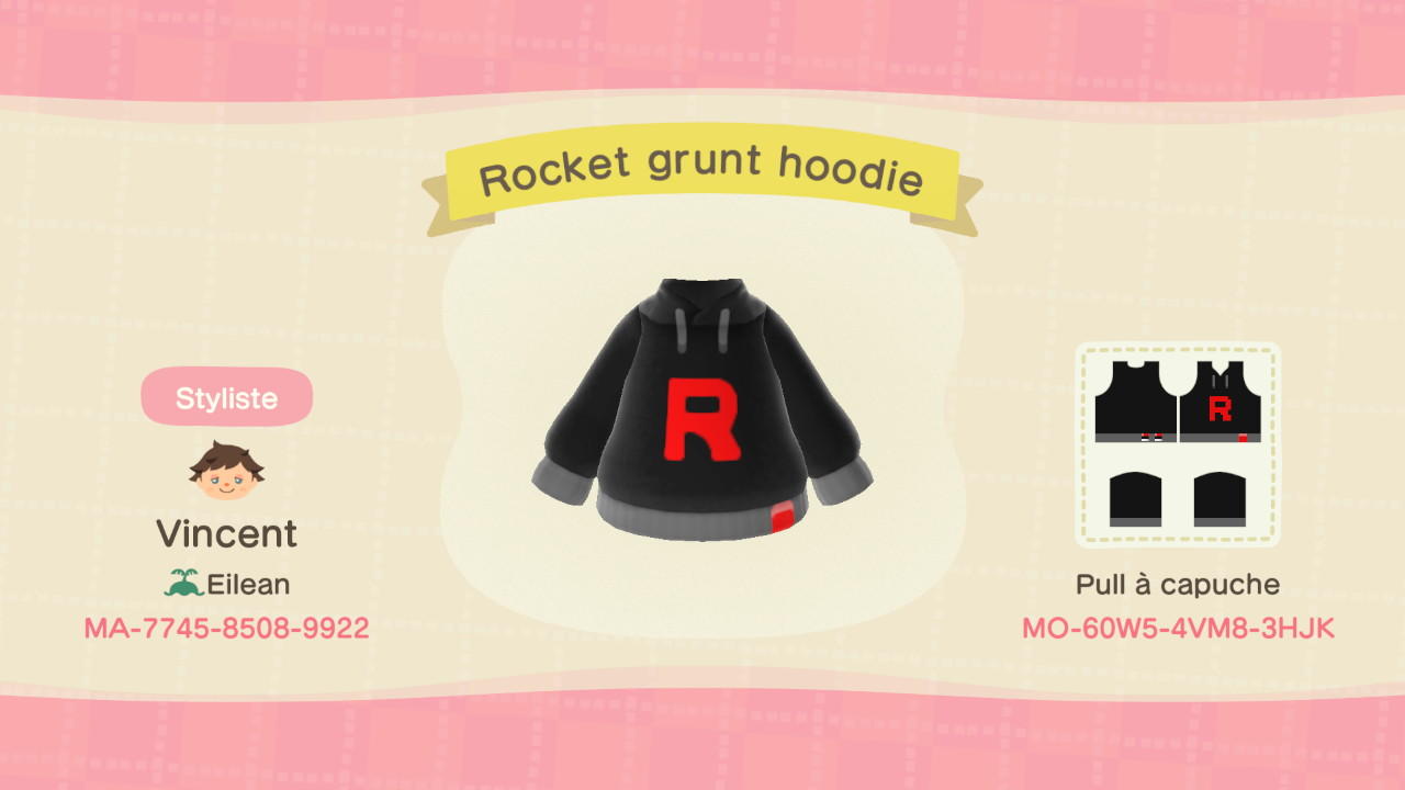 Animal Crossing Design Code: MO-60W5-4VM8-3HJK Rocket grunt hoodie
