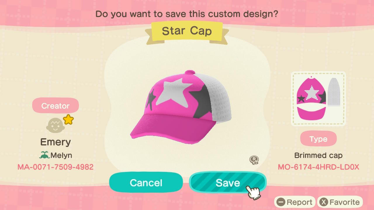 Animal Crossing Design Code: MO-6174-4HRD-LD0X Star Cap