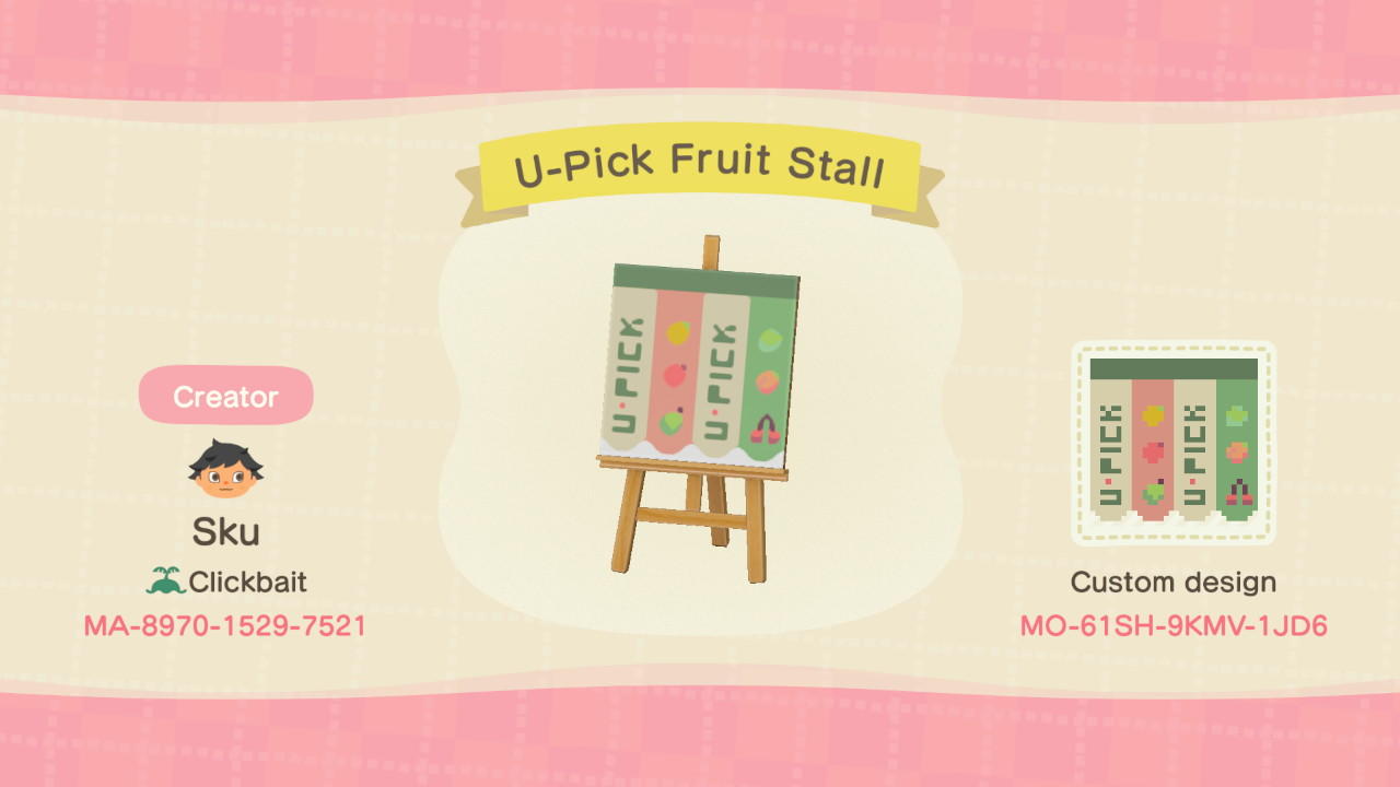 Animal Crossing Design Code: MO-61SH-9KMV-1JD6 U-Pick Fruit Stall