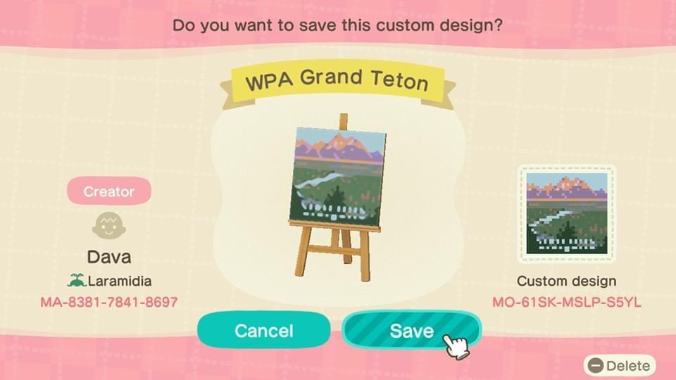 Animal Crossing Design Code: MO-61SK-MSLP-S5YL WPA Grand Teton
