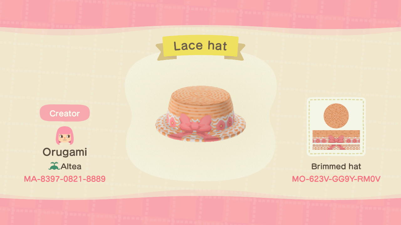 Animal Crossing Design Code: MO-623V-GG9Y-RM0V Lace Hat