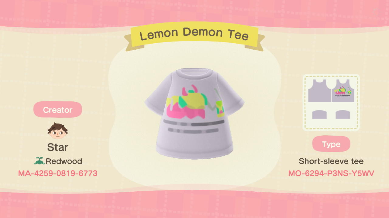 Animal Crossing Design Code: MO-6294-P3NS-Y5WV Lemon Demon Tee