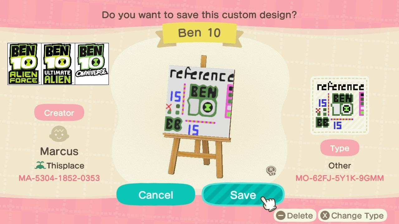 Animal Crossing Design Code: MO-62FJ-5Y1K-9GMM Ben 10 Reference