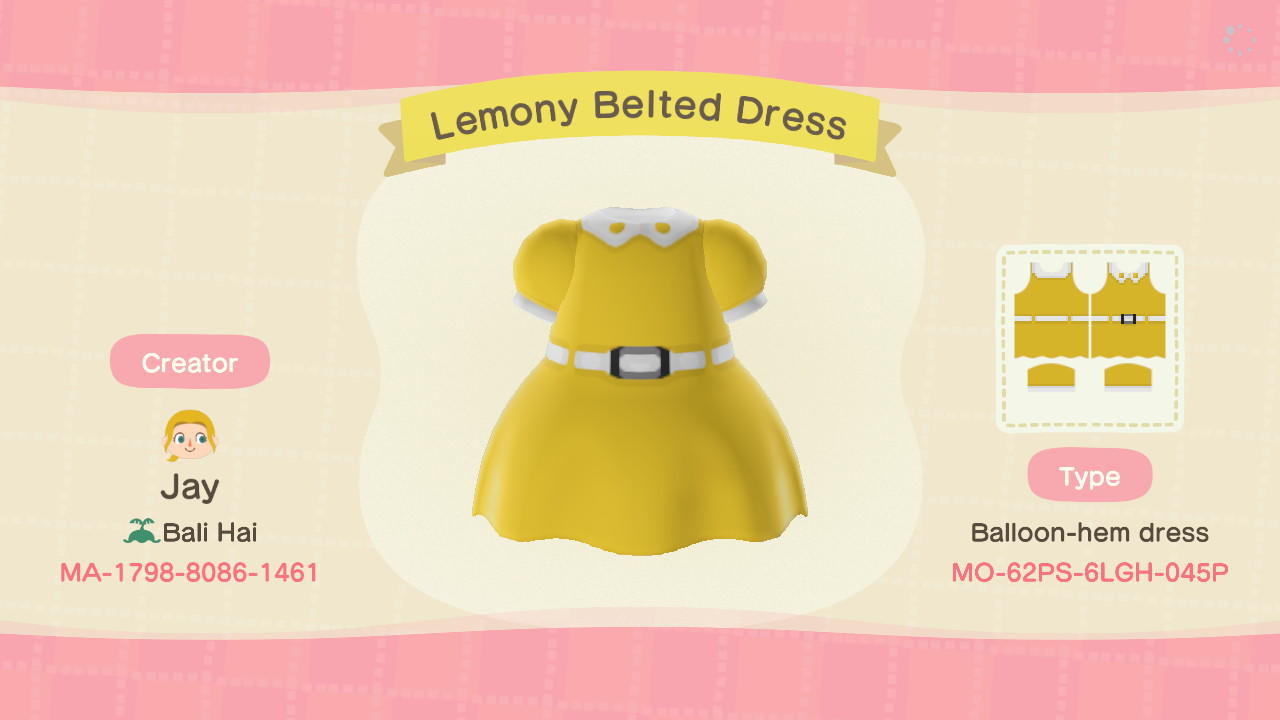 Animal Crossing Design Code: MO-62PS-6LGH-045P Lemony Belted Dress