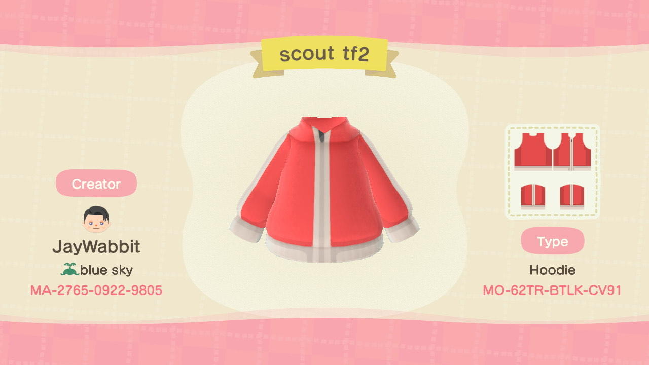 Animal Crossing Design Code: MO-62TR-BTLK-CV91 Tf2 Scout (red