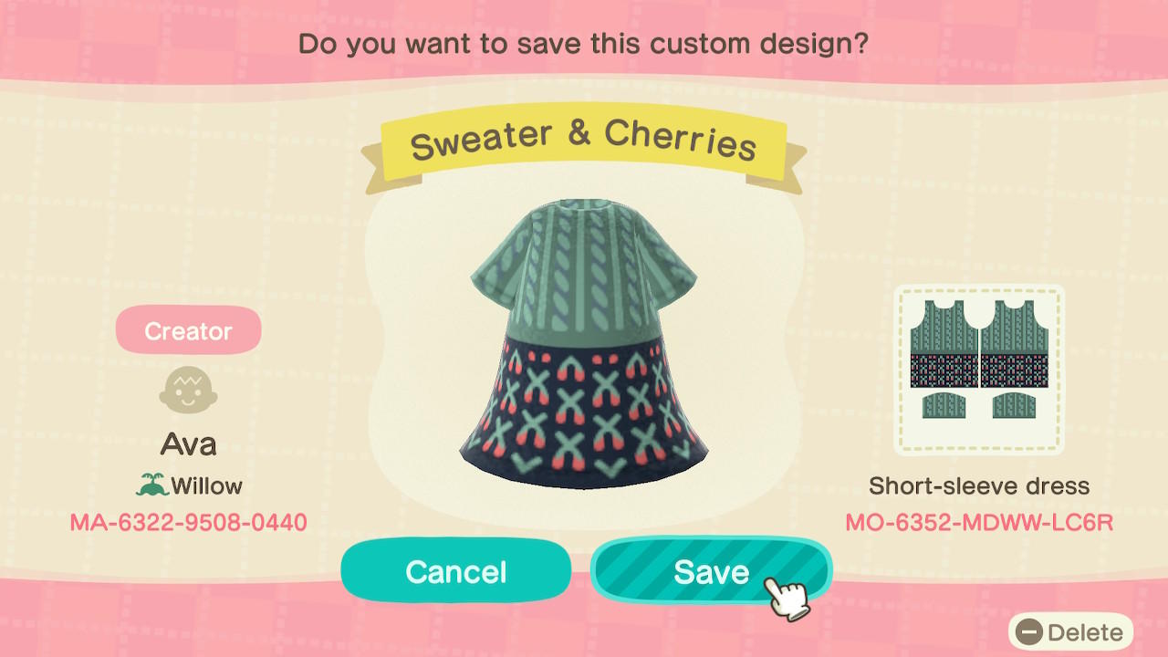 Animal Crossing Design Code: MO-6352-MDWW-LC6R Sweater & Cherries