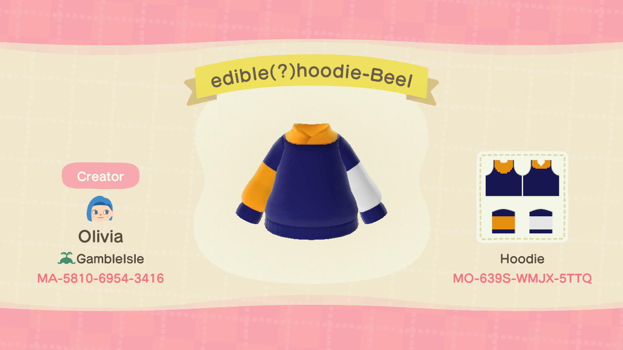 Animal Crossing Design Code: MO-639S-WMJX-5TTQ edible(?)hoodie-Beel