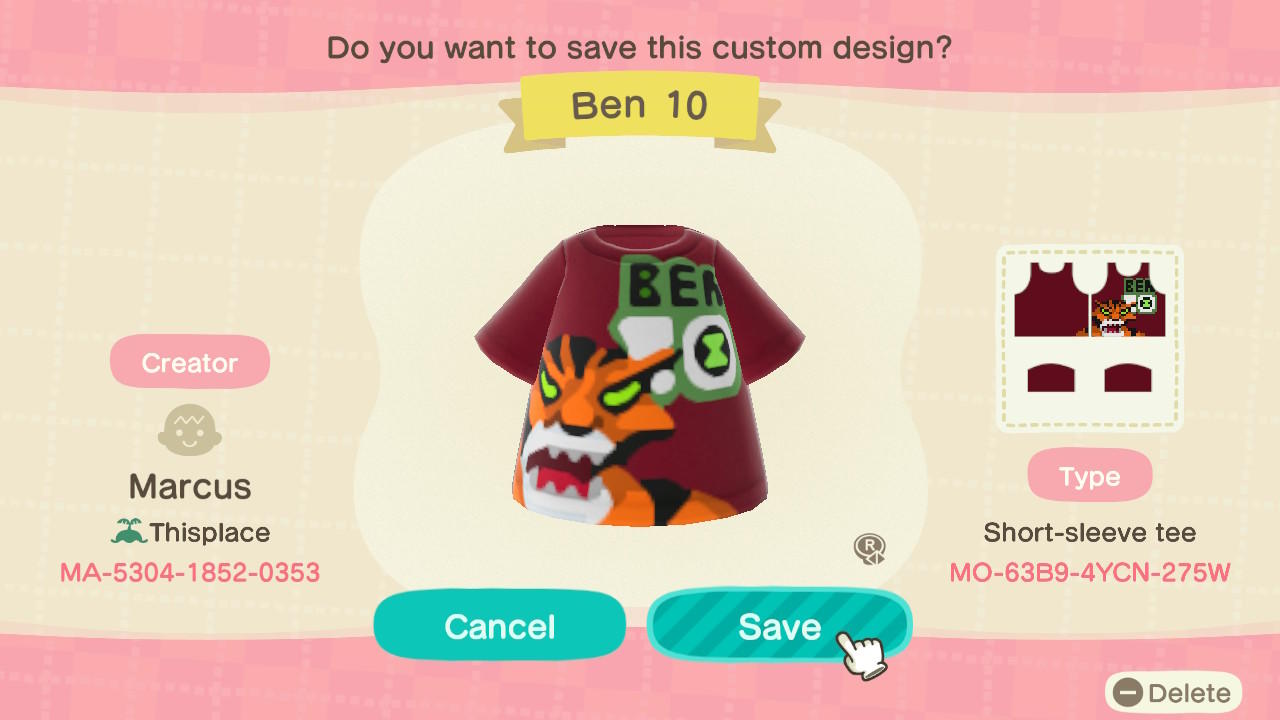 Animal Crossing Design Code: MO-63B9-4YCN-275W BEN 10 RATH