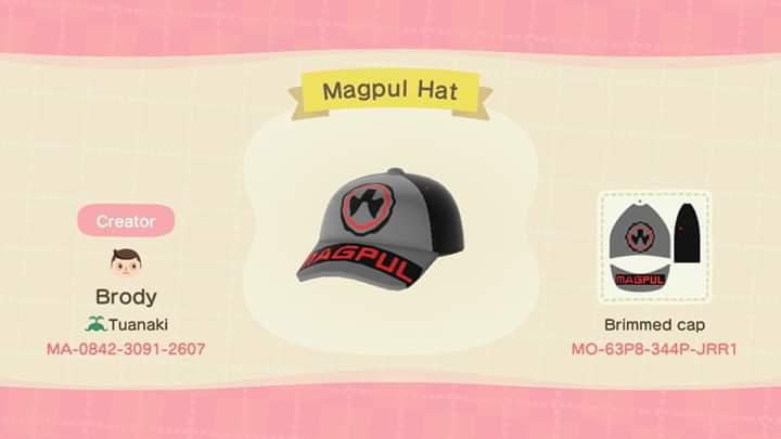 Animal Crossing Design Code: MO-63P8-344P-JRR1 Magpul Hat