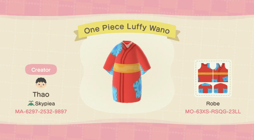 Animal Crossing Design Code: MO-63XS-RSQG-23LL One Piece Luffy Wano