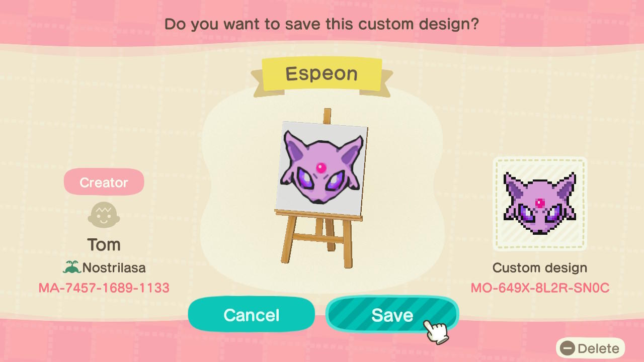 Animal Crossing Design Code: MO-649X-8L2R-SN0C Espeon