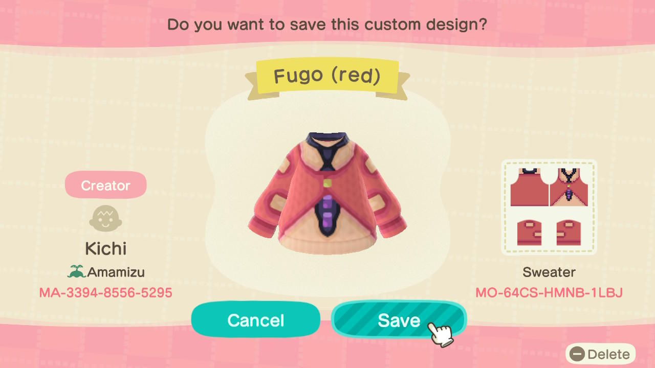 Animal Crossing Design Code: MO-64CS-HMNB-1LBJ Fugo (red)
