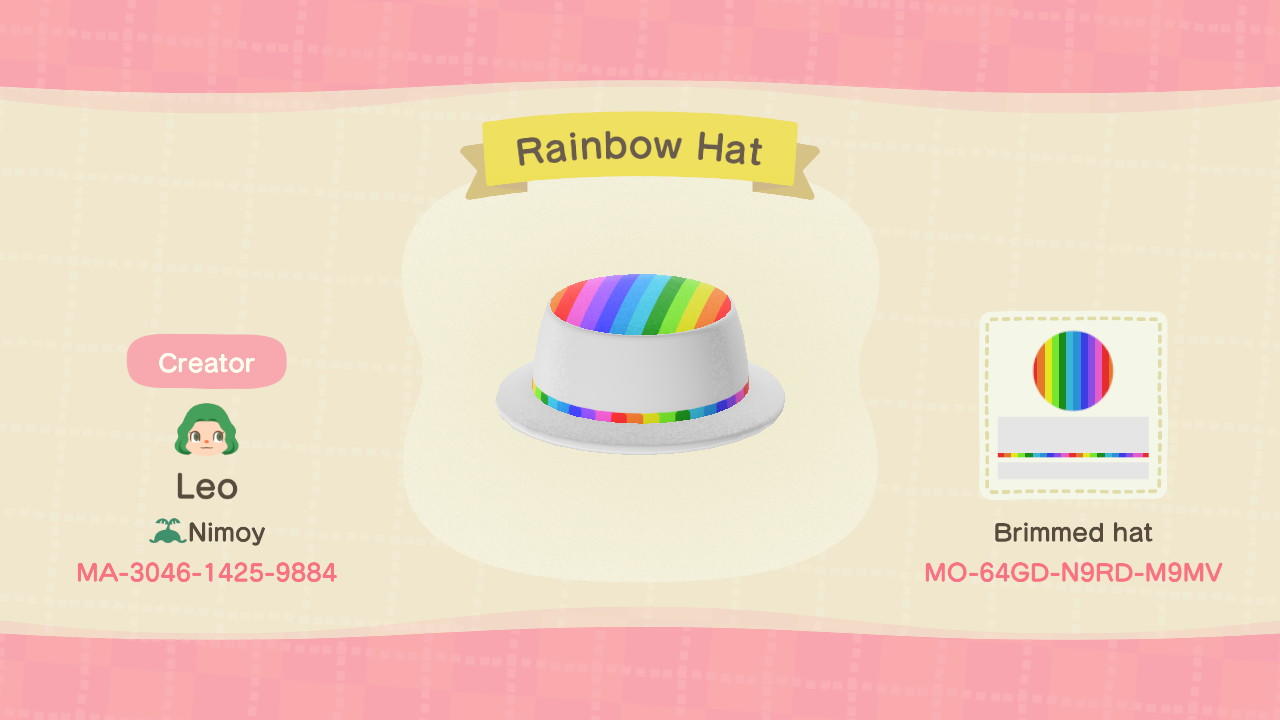 Animal Crossing Design Code: MO-64GD-N9RD-M9MV Rainbow Hat